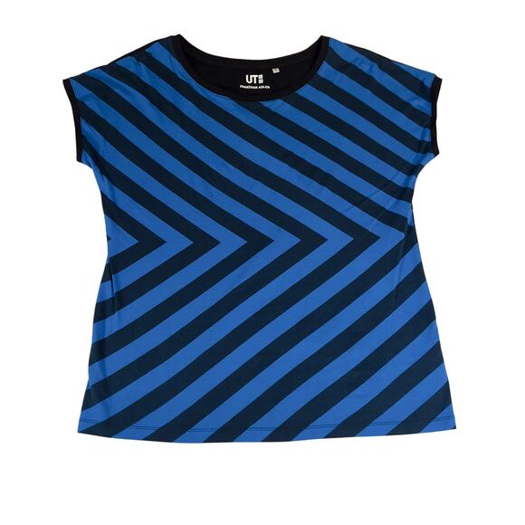 Jonathan AdlerX UT UniQlo Top Large Blue Diagonal Stripes Solid Back Sleeveless - Picture 1 of 8